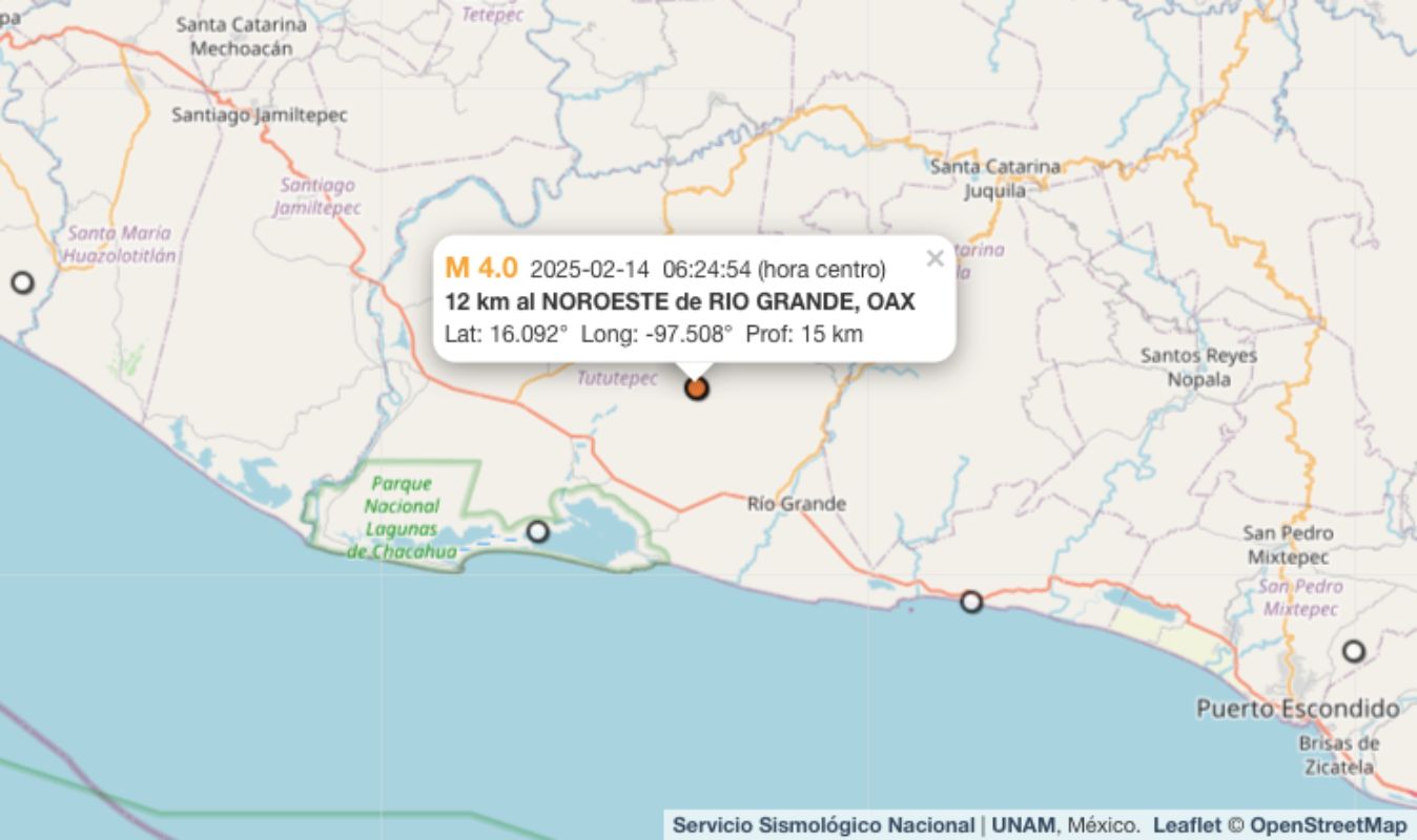 Sismo hoy 14 de febrero de 2025 en Río Grande, Oaxaca