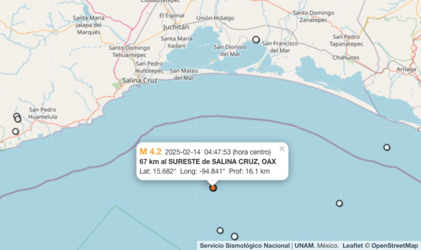 Temblor hoy 14 de febrero de 2025 en Salina Cruz, Oaxaca