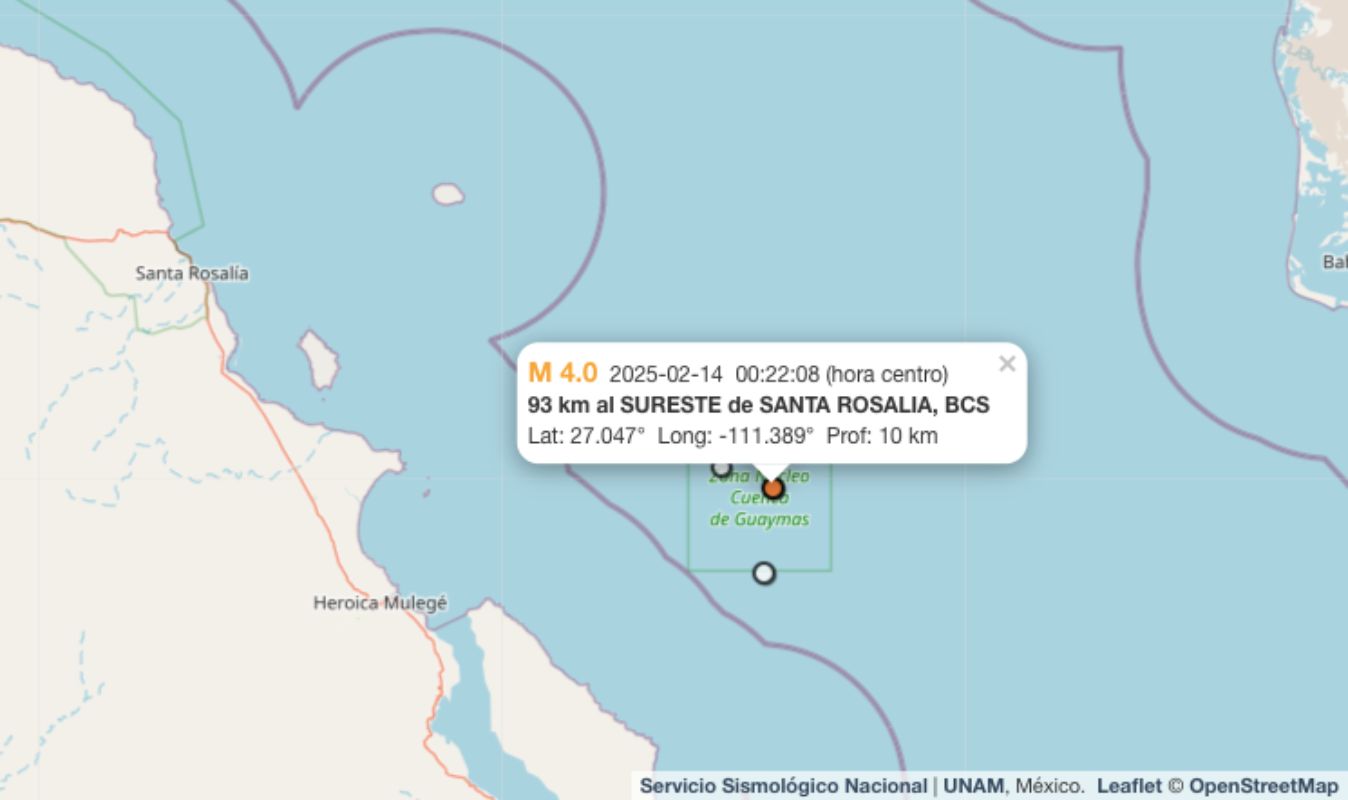 Temblor hoy 14 de febrero de 2025 en Santa Rosalía, BCS