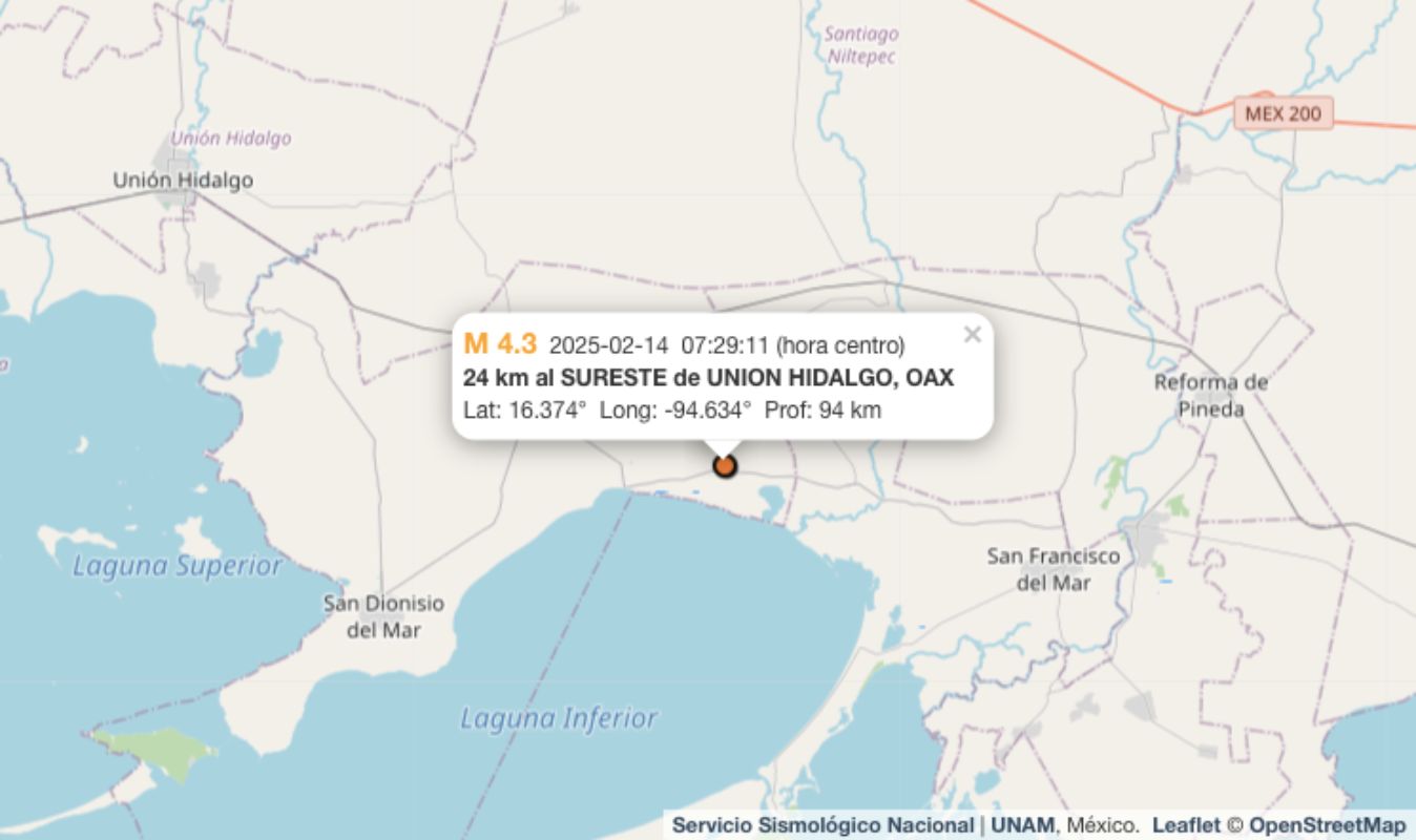 Temblor hoy 14 de febrero de 2025 en Unión Hidalgo, Oaxaca