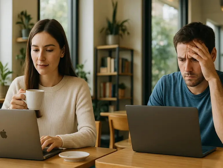 Una mujer joven sostiene una taza de café mientras trabaja con serenidad frente a su laptop. A su lado, un hombre luce estresado y confundido frente a su computadora, apoyando la cabeza con una mano. La escena ocurre en una cafetería luminosa con plantas y estanterías al fondo.
