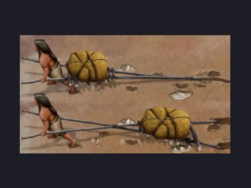 Recreación artística de dos personas arrastrando travois cargados sobre una superficie húmeda, dejando huellas en el suelo, similar a las encontradas en el Parque Nacional White Sands, Nuevo México.