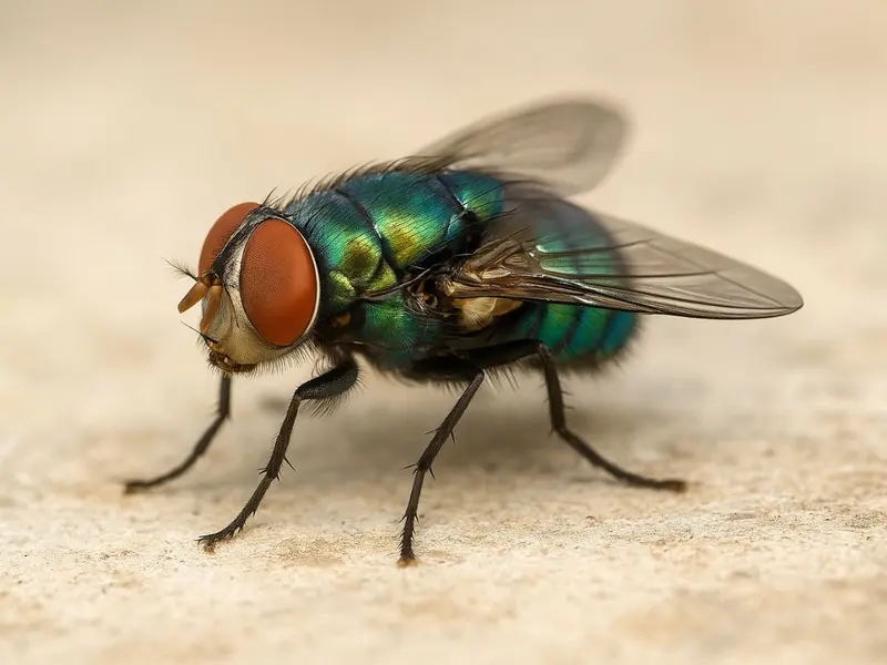 La mosca de gusano barrenador tiene colores verdes y azules