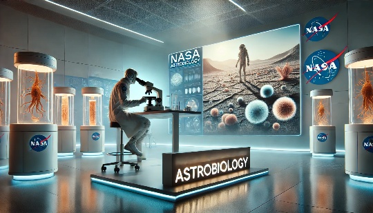 Imagen futurista de un laboratorio de astrobiología de la NASA, con un científico observando muestras en un microscopio. Al fondo, una pantalla digital muestra un paisaje extraterrestre y estructuras que representan microorganismos alienígenas, destacando la búsqueda de vida en ambientes extremos y la investigación en entornos hostiles del espacio exterior.